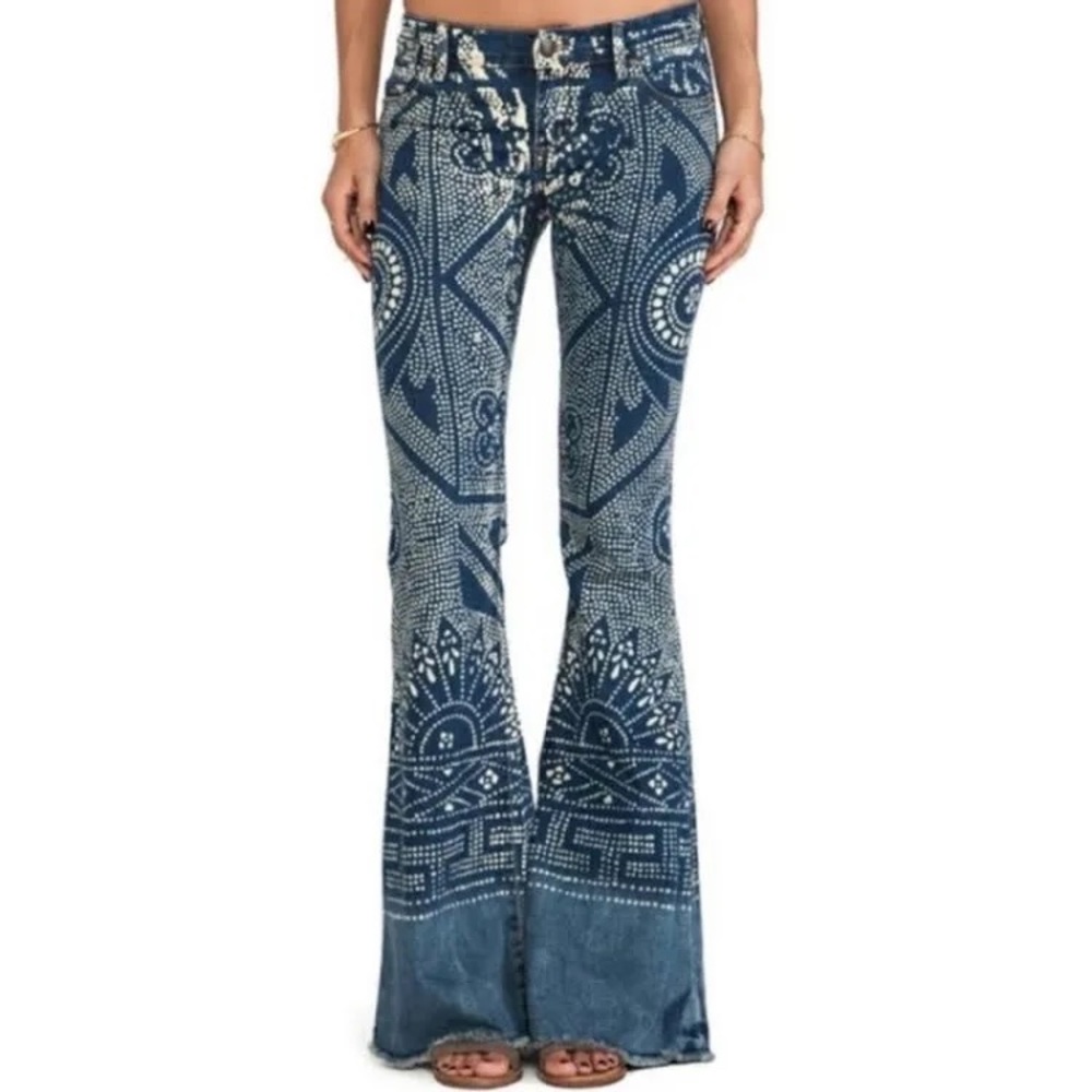 Free People Indigo Blue Printed Flare Jeans